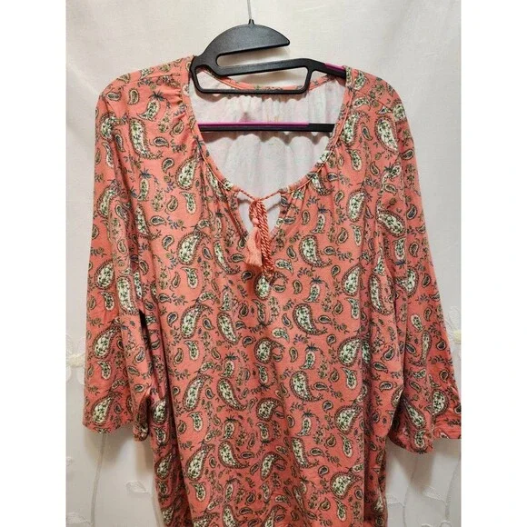 Belle Kim Gravel Womens XL Peach Blouse Paisley Stretchy Boho Cottage Peasant - Picture 7 of 14